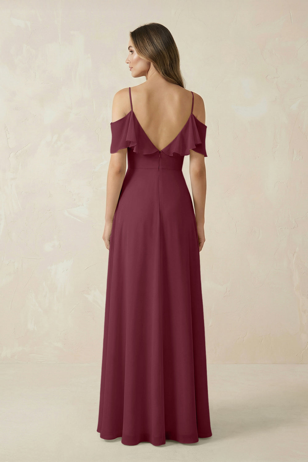 Off-the-Shoulder Ruffled A-Line Chiffon Bridesmaid Dress in Desert Rose