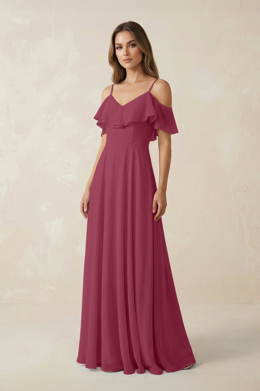 Off - the - Shoulder Ruffled A - Line Chiffon Bridesmaid Dress in Desert Rose - KISS BRIDAL Bridesmaid Dresses