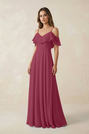 Off - the - Shoulder Ruffled A - Line Chiffon Bridesmaid Dress in Desert Rose - SHE IS ME Bridesmaid Dresses