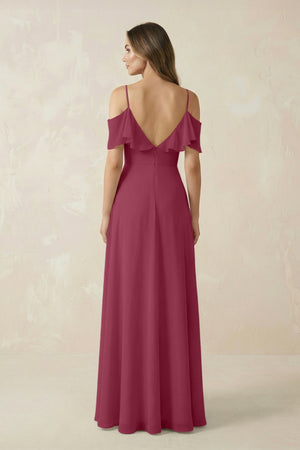 Off - the - Shoulder Ruffled A - Line Chiffon Bridesmaid Dress in Desert Rose - SHE IS ME Bridesmaid Dresses