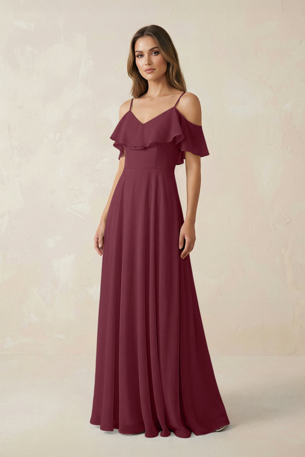 Off-the-Shoulder Ruffled A-Line Chiffon Bridesmaid Dress in Desert Rose