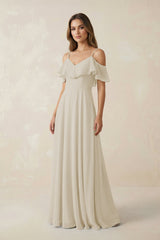 Off - the - Shoulder Ruffled A - Line Chiffon Bridesmaid Dress in Dove Gray - KISS BRIDAL Bridesmaid Dresses