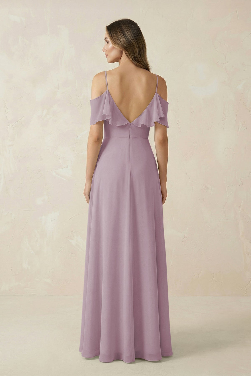 Off - the - Shoulder Ruffled A - Line Chiffon Bridesmaid Dress in Dusk - KISS BRIDAL Bridesmaid Dresses