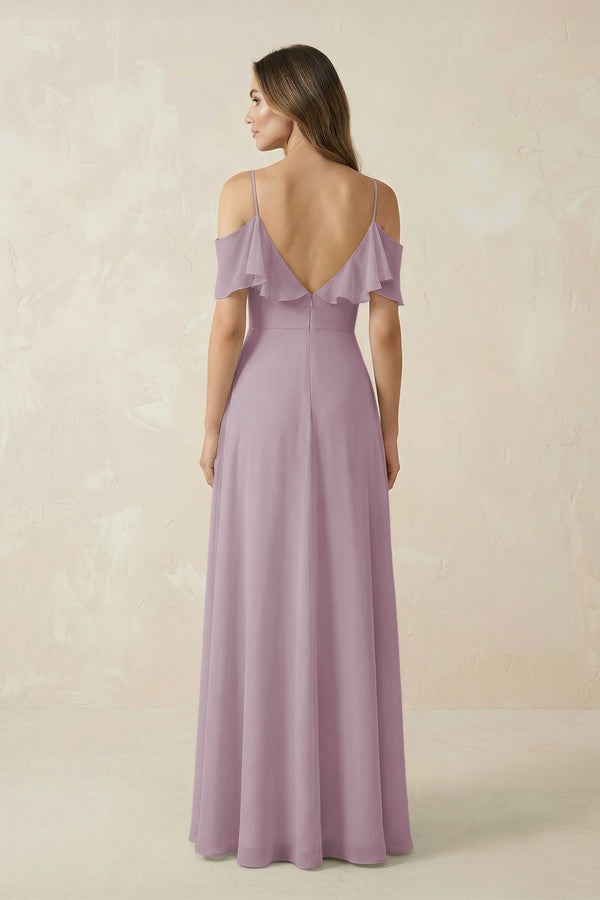 Off - the - Shoulder Ruffled A - Line Chiffon Bridesmaid Dress in Dusk - SHE IS ME Bridesmaid Dresses