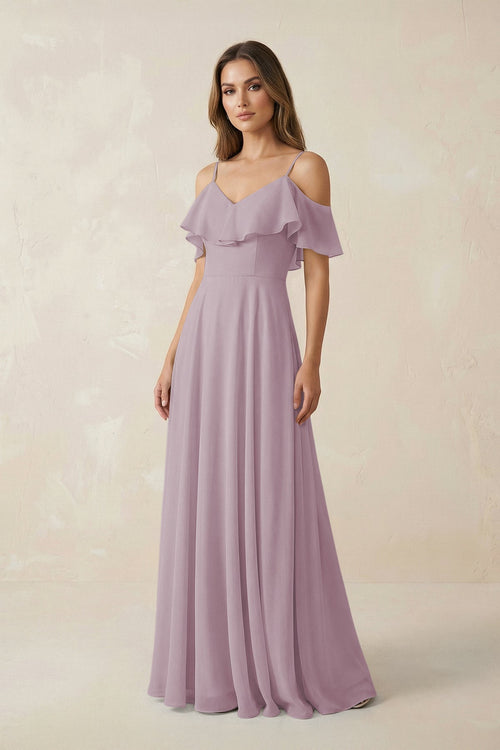 Off - the - Shoulder Ruffled A - Line Chiffon Bridesmaid Dress in Dusk - SHE IS ME Bridesmaid Dresses