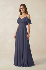 Off - the - Shoulder Ruffled A - Line Chiffon Bridesmaid Dress in Dusk Blue - KISS BRIDAL Bridesmaid Dresses