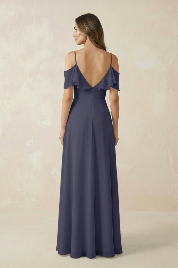 Off - the - Shoulder Ruffled A - Line Chiffon Bridesmaid Dress in Dusk Blue - SHE IS ME Bridesmaid Dresses