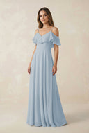 Off - the - Shoulder Ruffled A - Line Chiffon Bridesmaid Dress in Dusty Blue - SHE IS ME Bridesmaid Dresses
