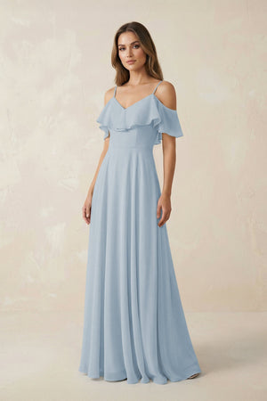 Off - the - Shoulder Ruffled A - Line Chiffon Bridesmaid Dress in Dusty Blue - SHE IS ME Bridesmaid Dresses