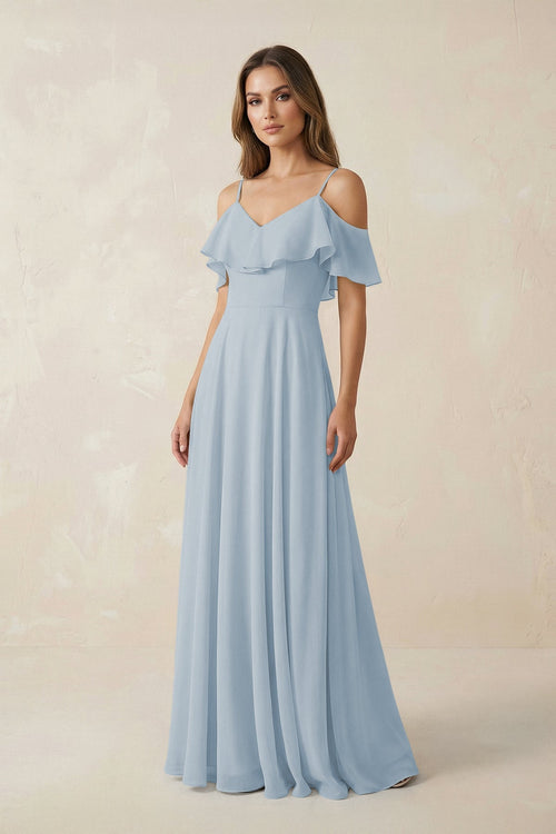 Off - the - Shoulder Ruffled A - Line Chiffon Bridesmaid Dress in Dusty Blue - SHE IS ME Bridesmaid Dresses