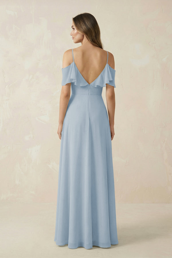 Off - the - Shoulder Ruffled A - Line Chiffon Bridesmaid Dress in Dusty Blue - SHE IS ME Bridesmaid Dresses