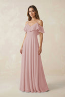 Off - the - Shoulder Ruffled A - Line Chiffon Bridesmaid Dress in Dusty Rose - SHE IS ME Bridesmaid Dresses