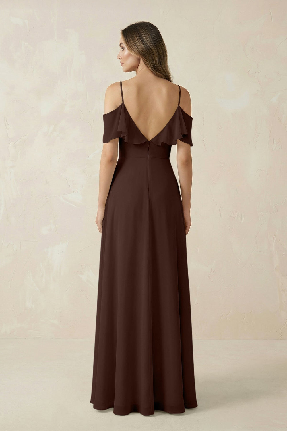 Off - the - Shoulder Ruffled A - Line Chiffon Bridesmaid Dress in Espresso - KISS BRIDAL Bridesmaid Dresses