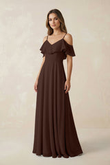 Off - the - Shoulder Ruffled A - Line Chiffon Bridesmaid Dress in Espresso - KISS BRIDAL Bridesmaid Dresses