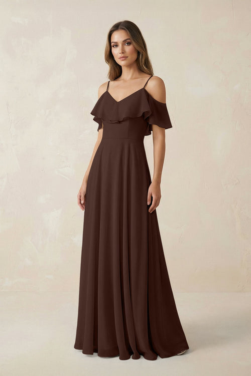 Off - the - Shoulder Ruffled A - Line Chiffon Bridesmaid Dress in Espresso - SHE IS ME Bridesmaid Dresses