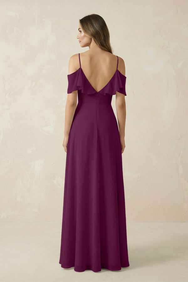 Off - the - Shoulder Ruffled A - Line Chiffon Bridesmaid Dress in Fig - SHE IS ME Bridesmaid Dresses