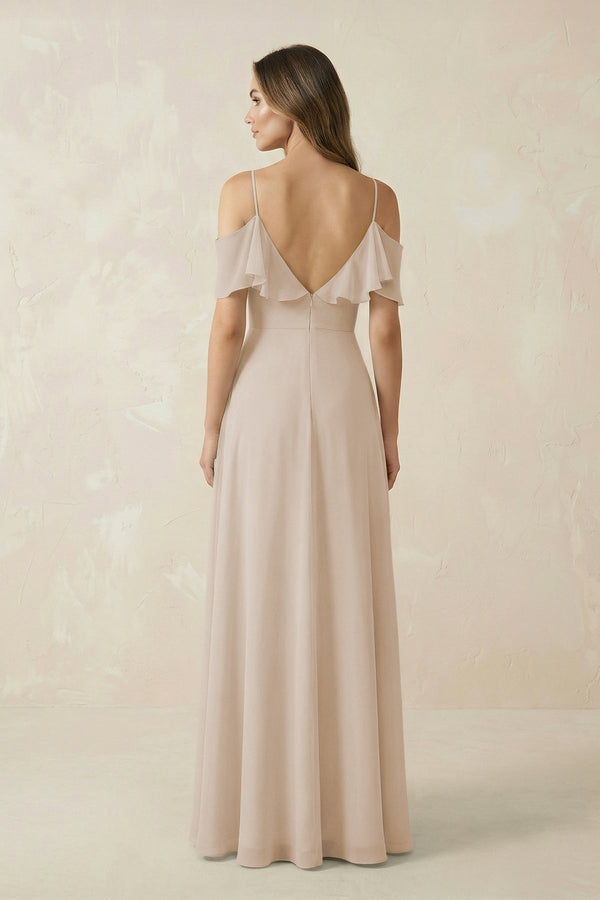 Off - the - Shoulder Ruffled A - Line Chiffon Bridesmaid Dress in Frost - SHE IS ME Bridesmaid Dresses