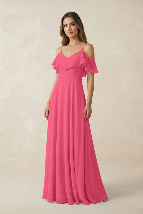 Off - the - Shoulder Ruffled A - Line Chiffon Bridesmaid Dress in Fuchsia - SHE IS ME Bridesmaid Dresses
