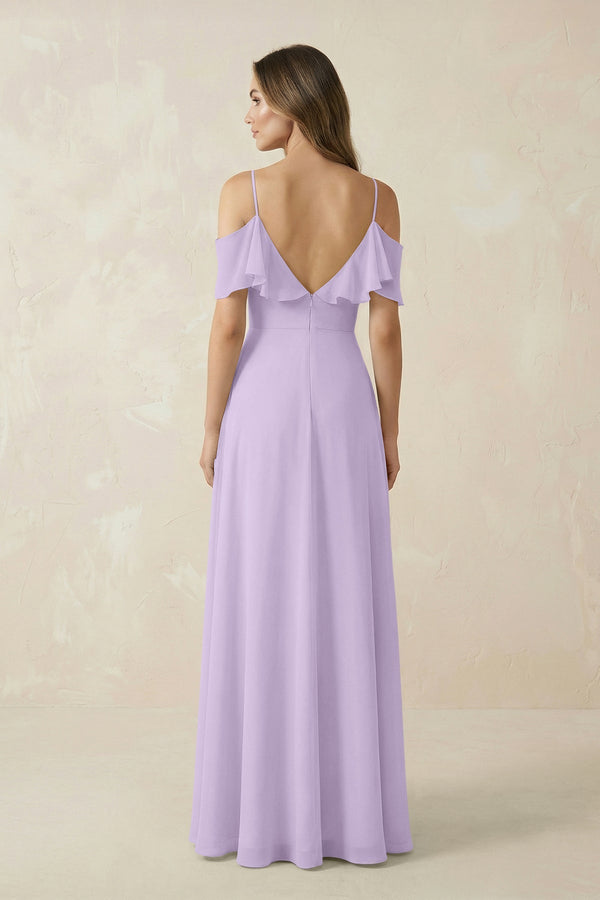 Off - the - Shoulder Ruffled A - Line Chiffon Bridesmaid Dress in Lavender - SHE IS ME Bridesmaid Dresses