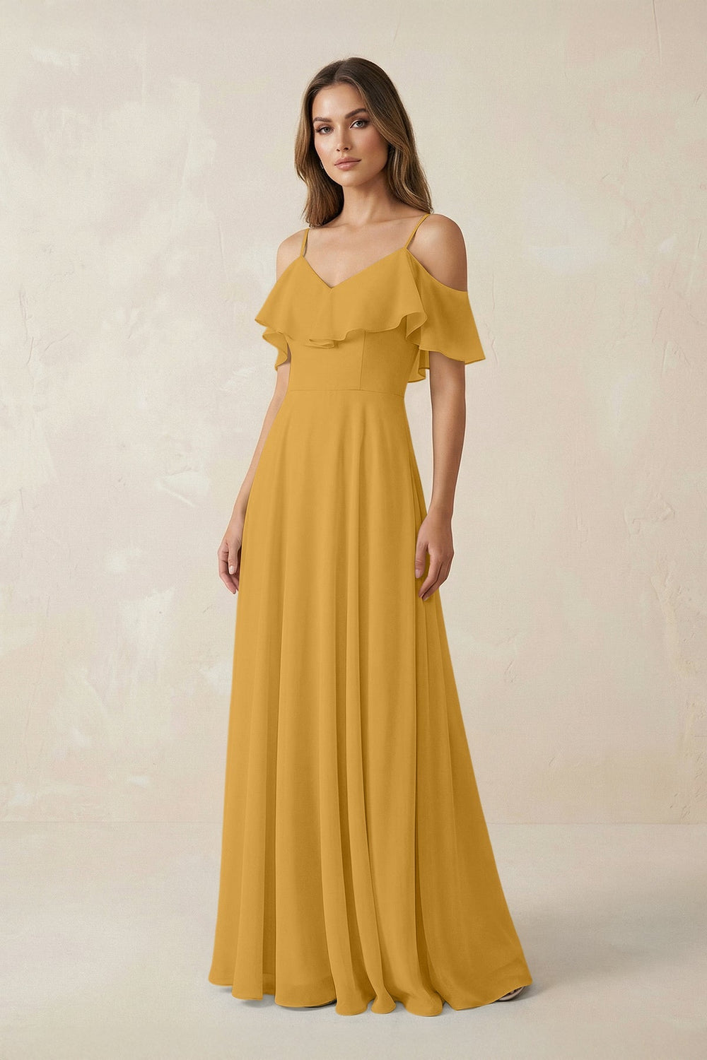 Off - the - Shoulder Ruffled A - Line Chiffon Bridesmaid Dress in Marigold - KISS BRIDAL Bridesmaid Dresses