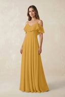 Off - the - Shoulder Ruffled A - Line Chiffon Bridesmaid Dress in Marigold - SHE IS ME Bridesmaid Dresses