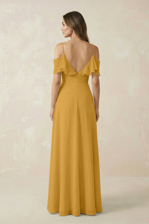 Off - the - Shoulder Ruffled A - Line Chiffon Bridesmaid Dress in Marigold - SHE IS ME Bridesmaid Dresses