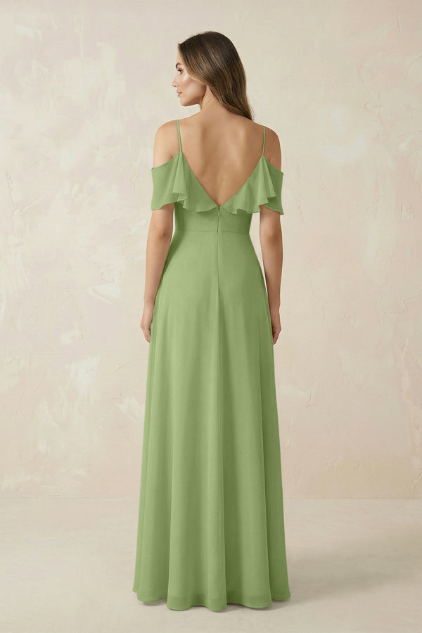 Off - the - Shoulder Ruffled A - Line Chiffon Bridesmaid Dress in Matcha - SHE IS ME Bridesmaid Dresses