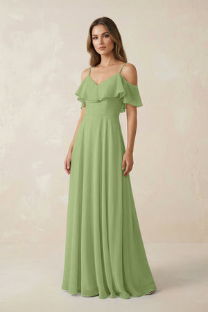 Off - the - Shoulder Ruffled A - Line Chiffon Bridesmaid Dress in Matcha - SHE IS ME Bridesmaid Dresses