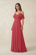 Off - the - Shoulder Ruffled A - Line Chiffon Bridesmaid Dress in Merlot - SHE IS ME Bridesmaid Dresses