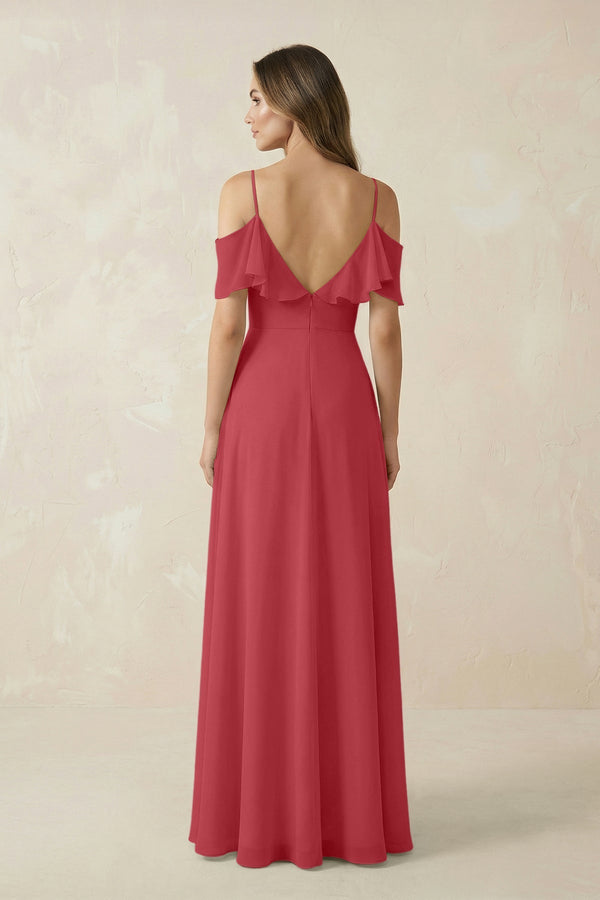 Off - the - Shoulder Ruffled A - Line Chiffon Bridesmaid Dress in Merlot - SHE IS ME Bridesmaid Dresses