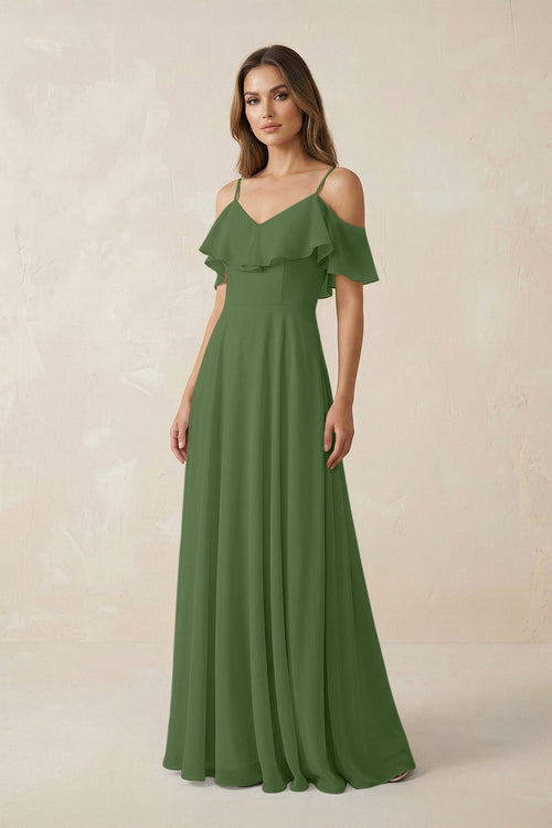 Off - the - Shoulder Ruffled A - Line Chiffon Bridesmaid Dress in Moss - SHE IS ME Bridesmaid Dresses