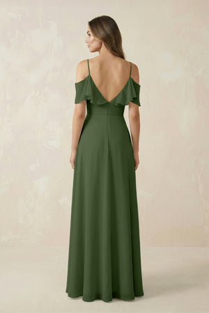 Off-the-Shoulder Ruffled A-Line Chiffon Bridesmaid Dress in Moss (2) | KISSBRIDAL