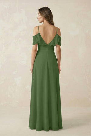 Off - the - Shoulder Ruffled A - Line Chiffon Bridesmaid Dress in Moss - SHE IS ME Bridesmaid Dresses