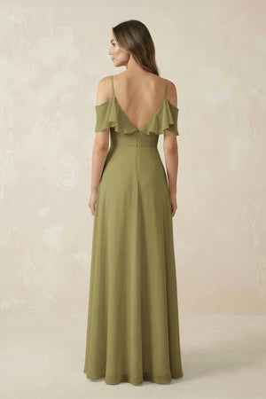 Off-the-Shoulder Ruffled A-Line Chiffon Bridesmaid Dress in Moss Green (2) | KISSBRIDAL