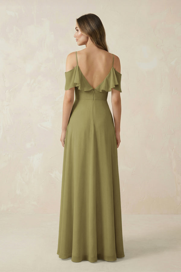 Off-the-Shoulder Ruffled A-Line Chiffon Bridesmaid Dress in Moss Green (2) | KISSBRIDAL