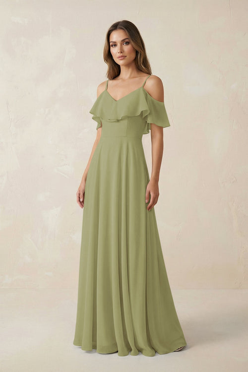 Off - the - Shoulder Ruffled A - Line Chiffon Bridesmaid Dress in Moss Green - SHE IS ME Bridesmaid Dresses