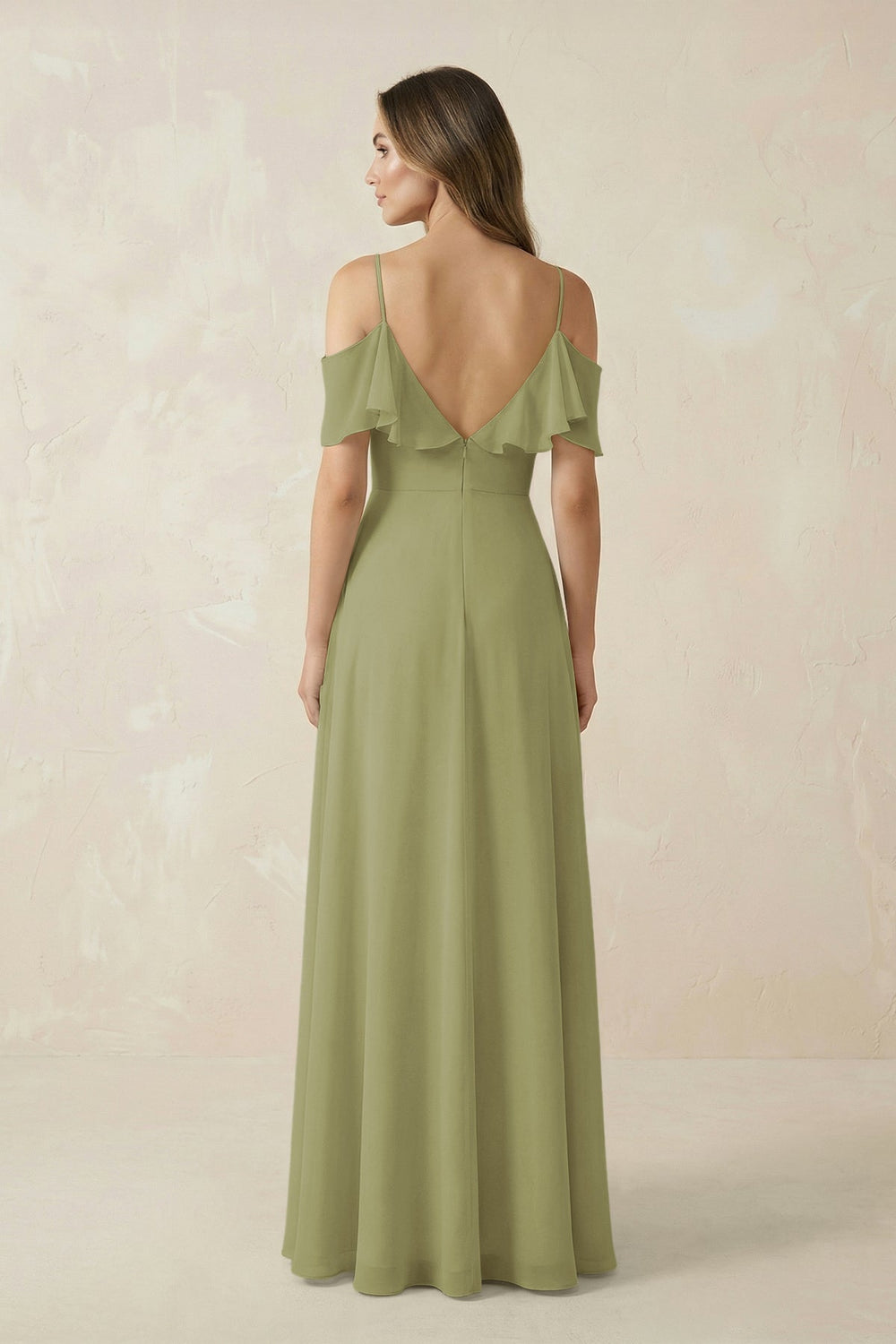Off - the - Shoulder Ruffled A - Line Chiffon Bridesmaid Dress in Moss Green - KISS BRIDAL Bridesmaid Dresses