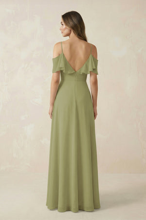 Off - the - Shoulder Ruffled A - Line Chiffon Bridesmaid Dress in Moss Green - SHE IS ME Bridesmaid Dresses