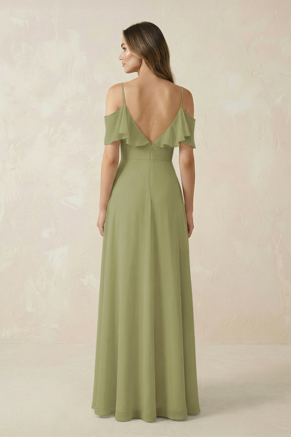 Off - the - Shoulder Ruffled A - Line Chiffon Bridesmaid Dress in Moss Green - SHE IS ME Bridesmaid Dresses