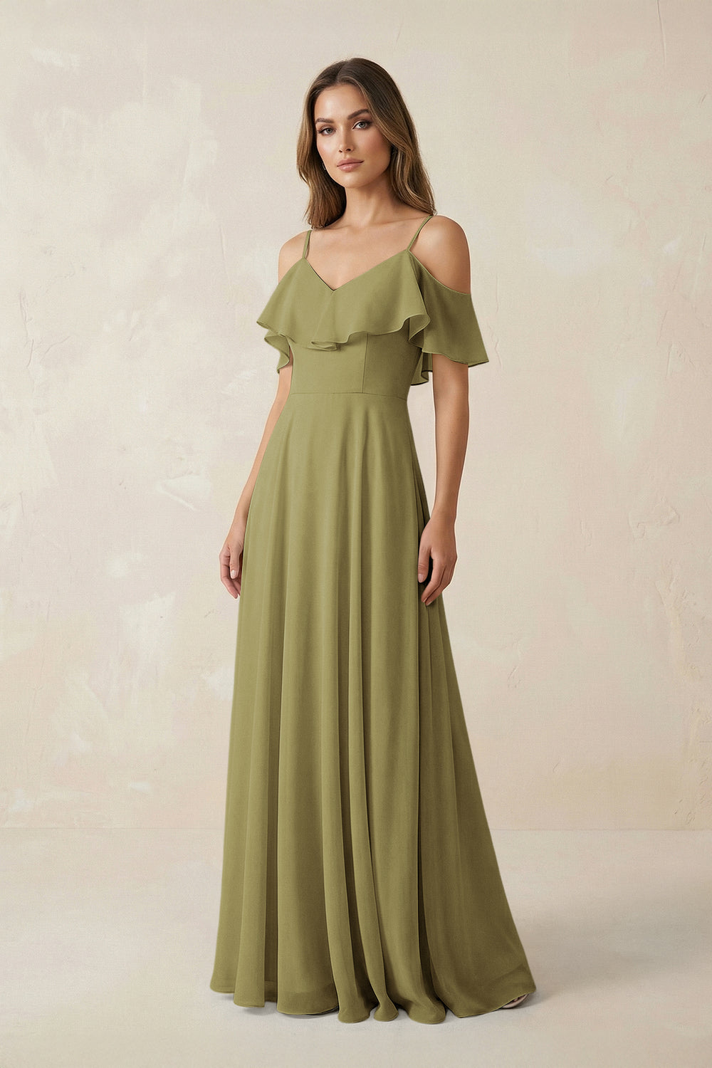Off-the-Shoulder Ruffled A-Line Chiffon Bridesmaid Dress in Moss Green