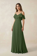 Off-the-Shoulder Ruffled A-Line Chiffon Bridesmaid Dress in Moss | KISSBRIDAL