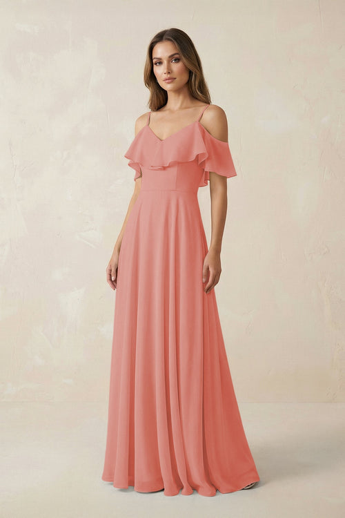 Off - the - Shoulder Ruffled A - Line Chiffon Bridesmaid Dress in Mulberry - SHE IS ME Bridesmaid Dresses