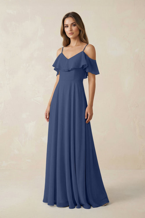 Off - the - Shoulder Ruffled A - Line Chiffon Bridesmaid Dress in Navy - SHE IS ME Bridesmaid Dresses