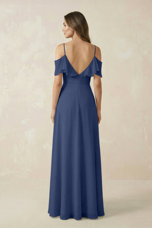 Off - the - Shoulder Ruffled A - Line Chiffon Bridesmaid Dress in Navy - SHE IS ME Bridesmaid Dresses