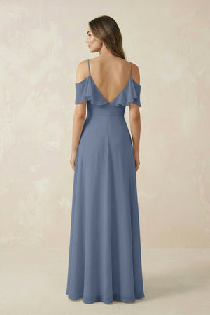 Off - the - Shoulder Ruffled A - Line Chiffon Bridesmaid Dress in Neptune - SHE IS ME Bridesmaid Dresses