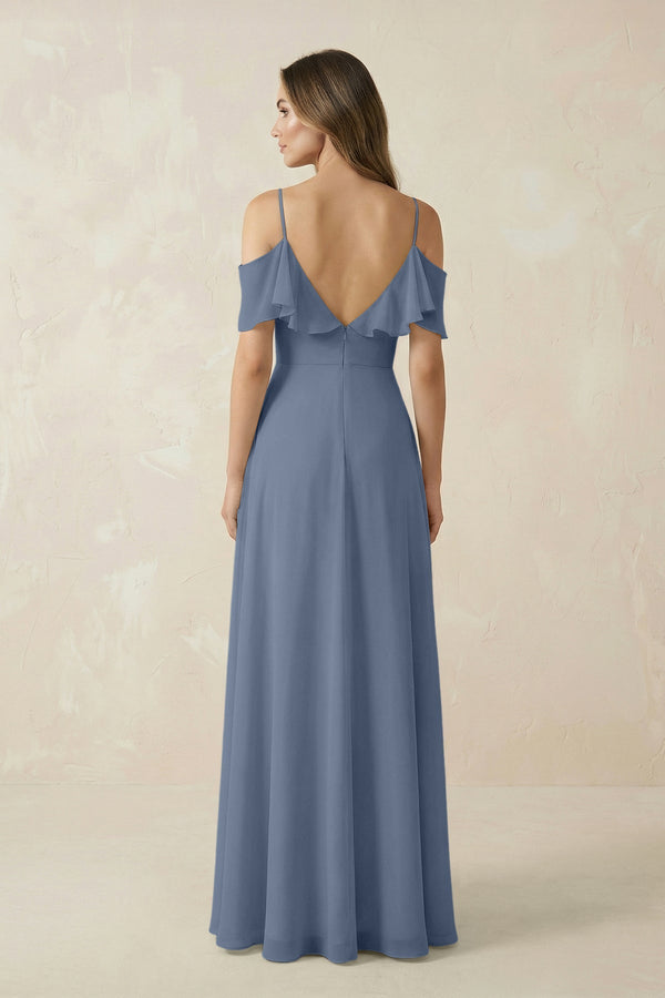 Off - the - Shoulder Ruffled A - Line Chiffon Bridesmaid Dress in Neptune - SHE IS ME Bridesmaid Dresses