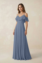 Off - the - Shoulder Ruffled A - Line Chiffon Bridesmaid Dress in Neptune - KISS BRIDAL Bridesmaid Dresses