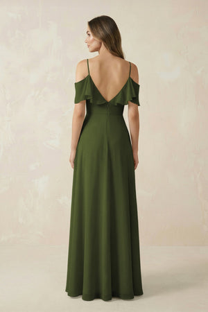 Off - the - Shoulder Ruffled A - Line Chiffon Bridesmaid Dress in Olive - SHE IS ME Bridesmaid Dresses