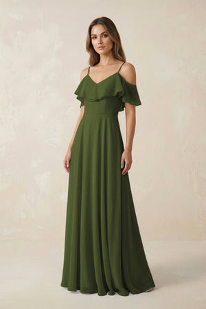 Off - the - Shoulder Ruffled A - Line Chiffon Bridesmaid Dress in Olive - SHE IS ME Bridesmaid Dresses