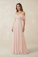 Off - the - Shoulder Ruffled A - Line Chiffon Bridesmaid Dress in Pale Blush - KISS BRIDAL Bridesmaid Dresses